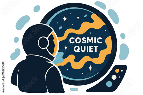 Cosmic Window View. Astronaut Window View. A helmeted silhouette gazes through a round viewport; ?Cosmic Quiet? floats over drifting nebula smoke. Panel lights