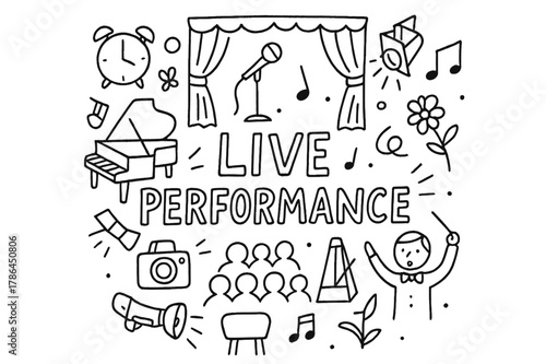 Doodle Live Performance Essentials. Live Performance. Hand-drawn doodle illustration of Live Performance.