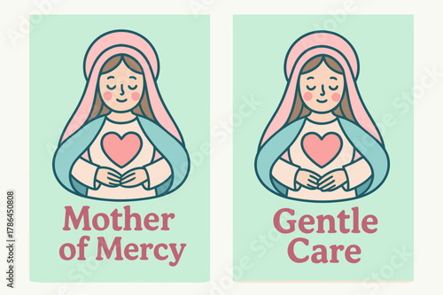 Mother of Mercy Banners. Mother of Mercy. Two vertical A6 banners with safe margins, centered composition, no elements touching edges, cartoon, pastel mint and