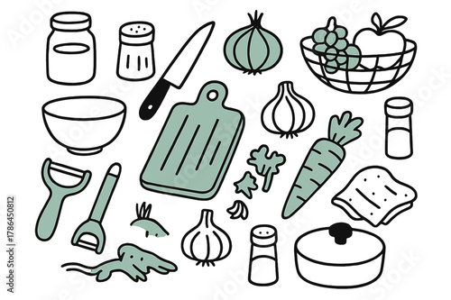 Accent Kitchen Doodles. // Kitchen counter. Hand-drawn doodle illustration kitchen counter [cutting board (accented), peeler (accented), knife, onion