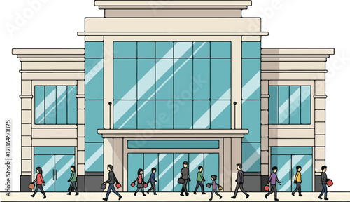 Modern Shopping Mall Entrance with Shoppers Walking Towards Glass Doors Retail Illustration