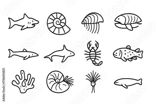 Extinct Sea Icons. Extinct marine life. Line outline icon set of vanished sea species: megalodon, ammonite,
