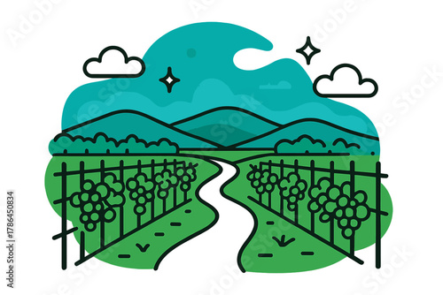 Vineyard Serenity. Countryside calm. A small path winds between vineyard rows, distant hills layered softly,