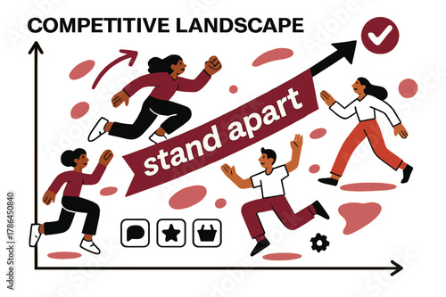 Dynamic Market Positioning. Pitch Deck ? Competitive Landscape. A graph positions your logo at a high corner; small icons represent rivals below. Ribbon text