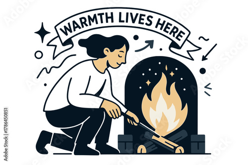 Hearth's Guardian. Keeper of the Hearth. A calm figure tends a glowing fire; sparks rise like tiny stars of care. Ribbon text ?warmth lives here? arcs above