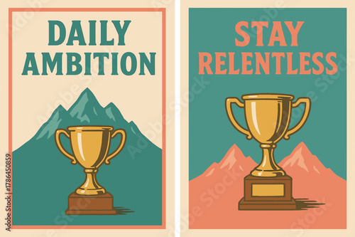 Retro Motivational Banners. Daily ambition. Two vertical A6 banners with safe margins, centered composition, no elements touching edges, retro, pink and teal,