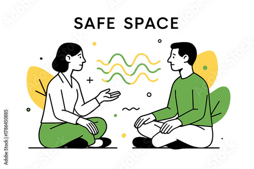 Somatic Dialogue Illustration. Somatic Dialogue. A therapist and client sit mirrored; calm sound waves flow between them. ?Safe Space? glows faintly in