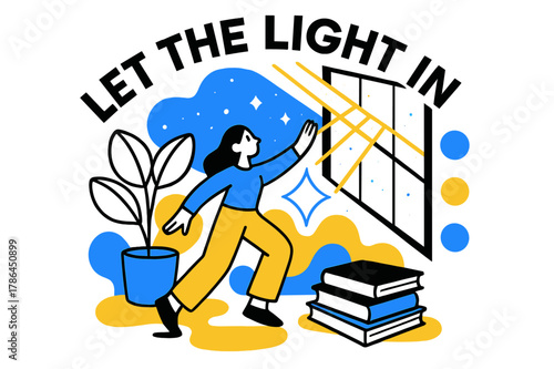 Home Light Symphony. Natural Lighting at Home. Rays filter through a large window over plants and books; ?Let the Light In? curves above glowing geometric