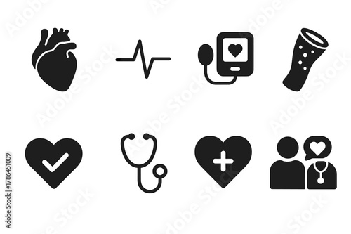 Cardiovascular Health Icons. Heart and cardiovascular health. Filled icon set of heart and cardiovascular