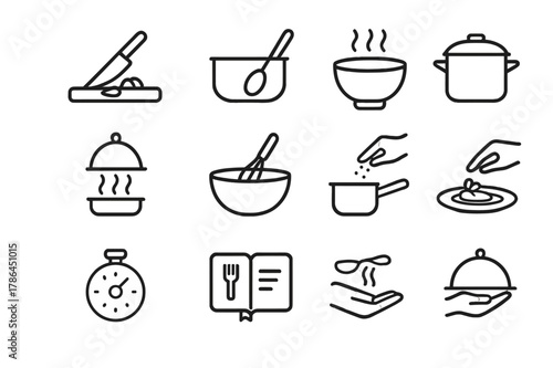 Cooking Icon Set. Cooking process. Line outline icon set of food preparation steps: chopping, stirring,