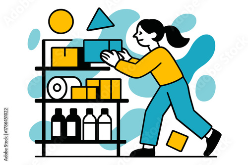 Geometric Supply Restocking. Restocking Supplies. Person refilling supply shelves with floating abstract geometric shapes and soft light accents, organized and