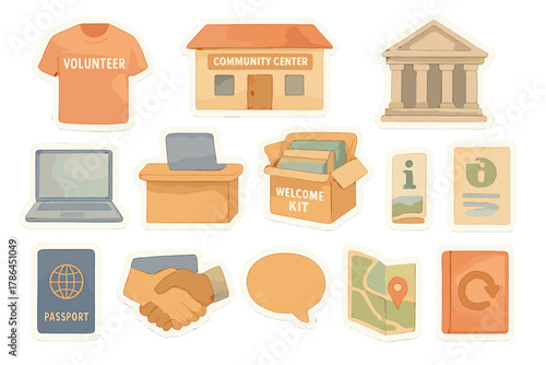Community Support Stickers. Community Support Icons. Realistic hand-painted watercolor style sticker sheet of