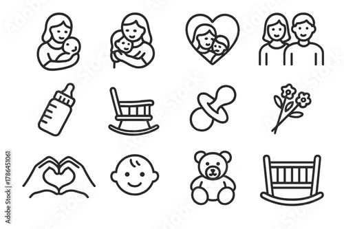 Mom and Child Icons. Mom and child. Line icon set of mom and child: mother holding baby, hug, heart, family, baby bottle, rocking chair, pacifier, flowers,