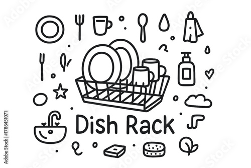 Doodle Dish Rack. Dish Rack. Hand-drawn doodle illustration of Dish Rack. In the middle, one slightly larger