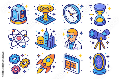 Isometric Time Travel Icons. Time travel science. Colorful isometric vector icons set of time travel science: time machine, wormhole, clock, hourglass, quantum