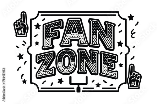 Fan Zone Display. Fan Zone ? Decorative Display Lettering; playful stylized glyphs with dot/stripe jersey patterns inside; arched word-shape within a thin