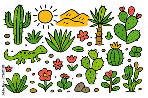 Colorful Desert Flora. Desert flora like cacti and succulents. Colorful Hand-drawn doodle Children illustration Desert flora like cacti and succulents saguaro