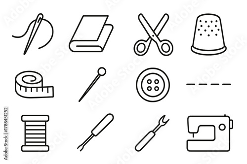 Hand Stitching Icons. Hand stitching. Line icon set of hand stitching: needle, thread, fabric fold, scissors, thimble, measuring tape, pin, button, stitch