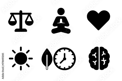 Balanced Life Icons. Balanced life. Filled icon set of balanced life: scales icon, yoga pose, heart, brain,