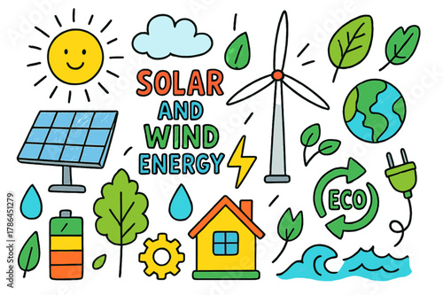 Eco Energy Doodle. Solar and Wind Energy. Colorful Hand-drawn doodle Children illustration Solar and Wind Energy solar panel, wind turbine, sun, cloud,