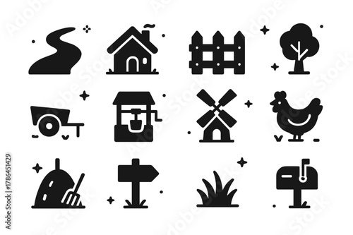 Village Road Icons. Village Road. Solid icons set of Village Road: dirt path, cottage house, fence, tree, cart, well, windmill, chicken, haystack, wooden sign,