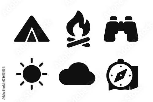 Outdoor Adventure Icons. Outdoor adventure. Filled icon set of outdoor adventure: tent, campfire, tree,