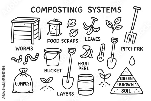 Composting Doodle Icons. Composting systems. Hand-drawn doodle illustration Composting systems compost bin, food scraps, leaves, pitchfork, worms, bucket,