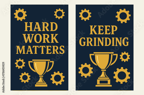 Motivational Work Banners. Hard work matters. Two vertical A6 banners with safe margins, centered composition, no elements touching edges, bold, navy and gold,