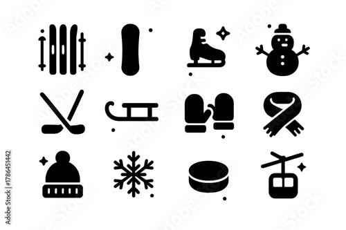 Winter Sports Icons. winter sports. Solid icons set of winter sports: ski, snowboard, ice skate, snowman, hockey stick, sled, mittens, scarf, warm hat,