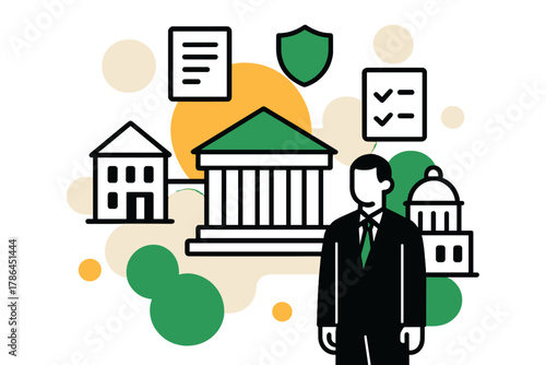 Government Oversight Illustration. Government control. Buildings representing institutions, floating abstract