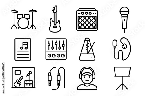 Band Rehearsal Icons. Band Rehearsal. Line icon set of Band Rehearsal: drum kit, electric guitar, amplifier, microphone, music sheet, sound mixer, metronome,