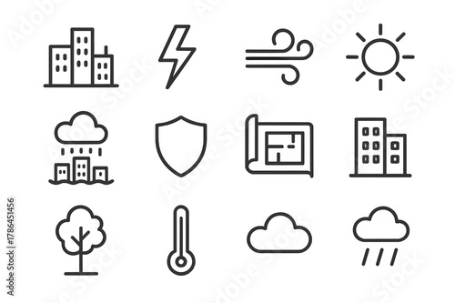 Extreme Weather Icons. Extreme weather urban planning. Line outline icon set of extreme weather urban planning