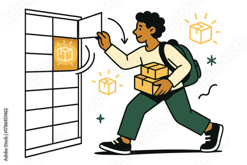 Parcel Retrieval Dynamics. Package retrieval. Person opening large PO box compartment to collect small parcels