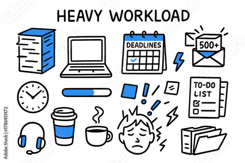 Overloaded Workday Chaos. // Heavy workload. Hand-drawn doodle illustration Heavy workload [stacked papers (accented), laptop, deadlines calendar (accented),