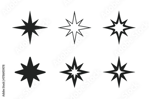 Vega Star Logo Variations. Vega star. Set Logo of Vega star: radiant five-point flare. harmonious logo variations of the same emblematic concept, each with