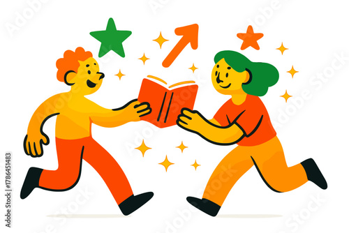 Glowing Book Exchange. Encouraging habits. A glowing character passing a glowing book to another, floating