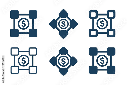 Blockchain Finance Logos. Blockchain and finance. Set Logo of Blockchain and finance: linked ledger blocks with coin. harmonious logo variations of the same