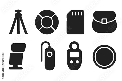 Photography Icon Set. Photography gear. Filled icon set of photography gear: camera tripod, lens cap, memory