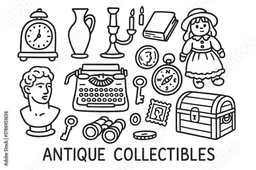 Antique Collectibles Icons. Antique collectibles. Hand-drawn doodle illustration antique collectibles clock, vase, candlestick, porcelain doll, typewriter,