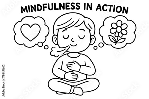 Mindful Coloring Fun. Mindfulness in action children?s coloring book illustration, outlined drawing, a child peacefully breathing with thought bubbles showing