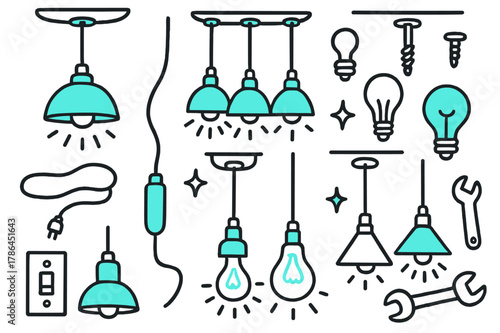 Illustrated Pendant Lights. // Pendant lights. Hand-drawn doodle illustration Pendant lights [hanging lamp (accented), trio pendants (accented), bulb shapes