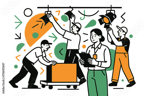 Theater Crew Coordination. Theater flow. Multiple crew members moving props, adjusting lights, and stage