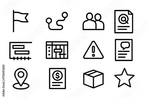 Project Kickoff Icons. Project Kickoff. Line icon set of Project Kickoff: kickoff flag, roadmap, team roles, scope document, timeline Gantt, resource plan,