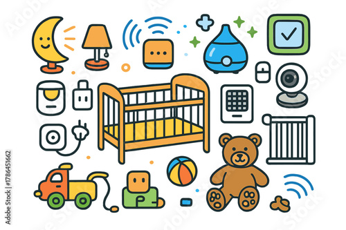 Smart Nursery Doodle. Smart nursery setup. Colorful Hand-drawn doodle Children illustration Smart nursery setup crib, night lamp, smart speaker, humidifier,