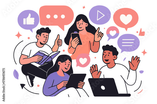 Dynamic Media Interaction. Audience engagement. People reading, watching, and interacting with media on