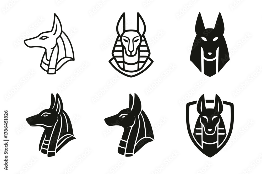 Obraz premium Mystical Deity Icons. Ancient gods and goddesses in a mystical landscape. Set Logo of Ancient gods and goddesses in a mystical landscape: Anubis jackal. Icon