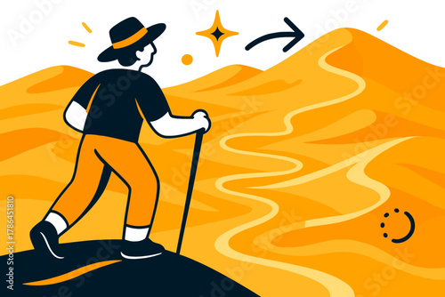 Dynamic Desert Journey. Desert trekking. Person with walking stick and hat overlooking vast sand dunes; soft