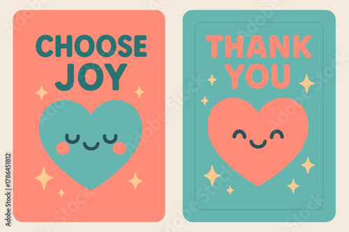 Gratitude Banners in Kawaii Style. Gratitude. Two vertical A6 banners with safe margins, centered composition, no elements touching edges, kawaii, coral and