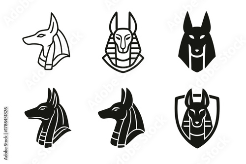 Mystical Deity Icons. Ancient gods and goddesses in a mystical landscape. Set Logo of Ancient gods and goddesses in a mystical landscape: Anubis jackal. Icon