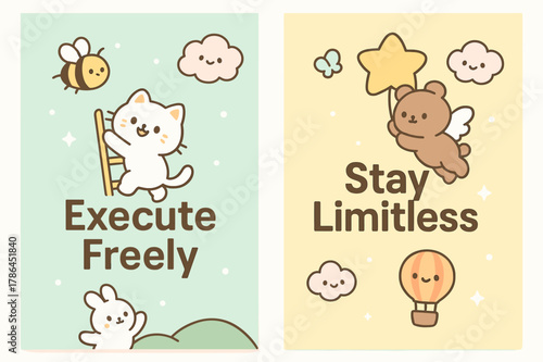Kawaii Motivational Banners. Execute freely. Two vertical A6 banners with safe margins, centered composition, no elements touching edges, kawaii, pastel mint